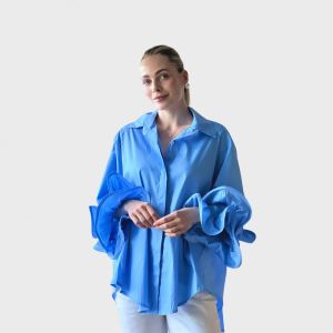 Bluse m/volangerm, lyseblå, one size