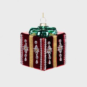 Glassjulepynt Julegave Ornament Rød, Grønn & Gull 9,5cm