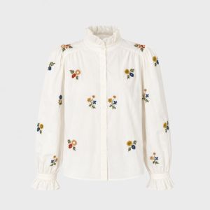 Creme bluse m/blomsterbroderi