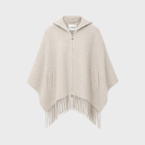 Wool Cape w/fringes Beige One Size