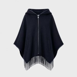 Wool Cape w/Fringes Navy One Size