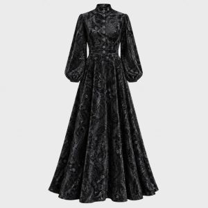 Long Velvet Jacquard Dress Black