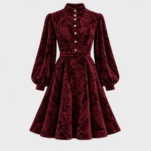 Short Velvet Jacquard Dress Bordeaux
