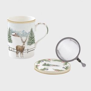 Fine China mug 350 ml w lid and metal infuser in box WHITE FOREST